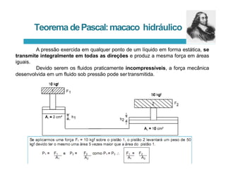 Teorema dePascal:macaco hidráulico
A pressão exercida em qualquer ponto de um líquido em forma estática, se
transmite integralmente em todas as direções e produz a mesma força em áreas
iguais.
Devido serem os fluidos praticamente incompressíveis, a força mecânica
desenvolvida em um fluido sob pressão pode ser transmitida.
 