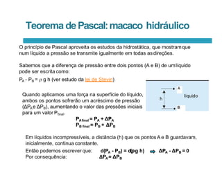 Teorema dePascal:macaco hidráulico
O princípio de Pascal aproveita os estudos da hidrostática, que mostramque
num líquido a pressão se transmite igualmente em todas as direções.
Sabemos que a diferença de pressão entre dois pontos (A e B) de umlíquido
pode ser escrita como:
PA - PB =  g h (ver estudo da lei de Stevin)
Quando aplicamos uma força na superfície do líquido,
ambos os pontos sofrerão um acréscimo de pressão
(ΔPAe ΔPB), aumentando o valor das pressões iniciais
para um valor Pfinal.
PAfinal = PA + ΔPA
PB final = PB + ΔPB
Em líquidos incompressíveis, a distância (h) que os pontos A e B guardavam,
inicialmente, continua constante.
Então podemos escrever que:
Por consequência:
d(PA - PB) = d(ρg h) ΔPA - ΔPB = 0
ΔPA = ΔPB
 