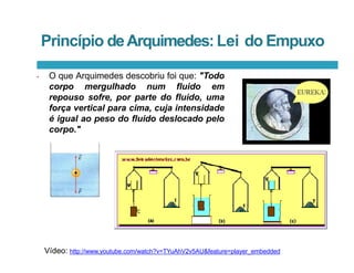 Princípio deArquimedes:Lei do Empuxo
• O que Arquimedes descobriu foi que: "Todo
corpo mergulhado num fluido em
repouso sofre, por parte do fluido, uma
força vertical para cima, cuja intensidade
é igual ao peso do fluido deslocado pelo
corpo."
Vídeo: http://www.youtube.com/watch?v=TYuAhV2v5AU&feature=player_embedded
 