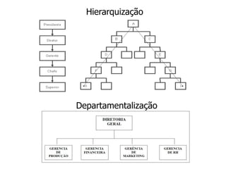 Hierarquização
Departamentalização
 