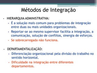 Métodos de Integração
• HIERARQUIA ADMINISTRATIVA:
• É a solução mais comum para problemas de integração
entre duas ou mais unidades organizacionais.
• Reportar-se ao mesmo supervisor facilita a integração, a
comunicação, solução de conflitos, sinergia de esforços.
• Se sobrecarregada não funciona.
• DEPARTAMENTALIZAÇÃO:
• Diferenciação organizacional pela divisão do trabalho no
sentido horizontal.
• Dificuldade na integração entre diferentes
departamentos.
 
