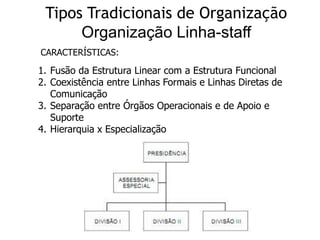 CARACTERÍSTICAS:
1. Fusão da Estrutura Linear com a Estrutura Funcional
2. Coexistência entre Linhas Formais e Linhas Diretas de
Comunicação
3. Separação entre Órgãos Operacionais e de Apoio e
Suporte
4. Hierarquia x Especialização
Tipos Tradicionais de Organização
Organização Linha-staff
 
