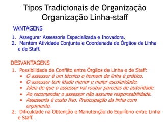 1. Assegurar Assessoria Especializada e Inovadora.
2. Mantém Atividade Conjunta e Coordenada de Órgãos de Linha
e de Staff.
1. Possibilidade de Conflito entre Órgãos de Linha e de Staff:
• O assessor é um técnico o homem de linha é prático.
• O assessor tem idade menor e maior escolaridade.
• Ideia de que o assessor vai roubar parcelas de autoridade.
• Ao recomendar o assessor não assume responsabilidade.
• Assessoria é custo fixo. Preocupação da linha com
orçamento.
2. Dificuldade na Obtenção e Manutenção do Equilíbrio entre Linha
e Staff.
DESVANTAGENS
VANTAGENS
Tipos Tradicionais de Organização
Organização Linha-staff
 