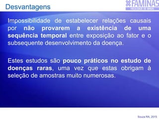 Souza RA, 2015
Desvantagens
Impossibilidade de estabelecer relações causais
por não provarem a existência de uma
sequência temporal entre exposição ao fator e o
subsequente desenvolvimento da doença.
Estes estudos são pouco práticos no estudo de
doenças raras, uma vez que estas obrigam à
seleção de amostras muito numerosas.
 