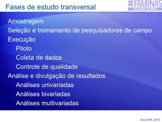 Souza RA, 2015
Fases de estudo transversal
Amostragem
Seleção e treinamento de pesquisadores de campo
Execução
Piloto
Coleta de dados
Controle de qualidade
Análise e divulgação de resultados
Análises univariadas
Análises bivariadas
Análises multivariadas
 