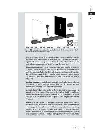 MÓDULO 1

2
AULA

Figura 2.2: Montagem experimental e painel de controle do experimento virtual
de interferência por uma fenda dupla.

d. No canto inferior direito da janela, você verá um pequeno painel de controle.
Do lado esquerdo deste painel, há setas para posicionar o ângulo de visão do
experimento da maneira que você achar melhor. Do lado direito, há vários
botões de controle pequenos. Vamos descrevê-los um a um:
Fonte (source): Aqui você selecionará o tipo de partícula que irá jogar de
encontro à fenda. Você pode optar por projéteis clássicos ou por diferentes
partículas quânticas. Poderá também selecionar a energia das partículas que,
no caso de partículas quânticas, está relacionada ao comprimento de onda
das mesmas. O pequeno botão vermelho à direita do “Fonte” dá início à
simulação.
Abertura (aperture): Controla as propriedades da fendas, como a largura
das mesmas (slit width) e o espaçamento entre elas (slit distance). Pode-se
também abrir ou fechar cada fenda separadamente.
Lâmpada (lamp): Com este botão, podemos controlar a intensidade e o
comprimento de onda dos fótons que podemos fazer incidir nos elétrons
para visualizar sua trajetória, como será descrito na próxima aula. À direita
deste botão, o pequeno botão com a figura de uma lâmpada ativa o fluxo
de fótons.
Anteparo (screen): Aqui você controla as diversas opções de visualização de
seus resultados. A visualização normal corresponde a fazer aparecer na tela
pequenos pontos vermelhos nas posições em que cada elétron incidiu no
anteparo. Se a opção “resultado teórico” (theo. result) for ativada, aparecerá,
em azul, a distribuição de probabilidades prevista teoricamente para aquelas
condições do experimento. Se a opção “contagem” (evaluation) for acionada,

CEDERJ

23

 
