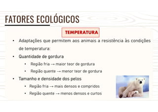 FATORES ECOLÓGICOS
TEMPERATURA
• Adaptações que permitem aos animais a resistência às condições
de temperatura:
• Quantidade de gordura
• Região fria → maior teor de gordura
• Região quente → menor teor de gordura
• Tamanho e densidade dos pelos
• Região fria → mais densos e compridos
• Região quente → menos densos e curtos
 