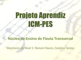 Projeto Aprendiz
          ICM-PES
Núcleo de Ensino de Flauta Transversal

Monitores do Nível 1: Ramon Fávero, Caroline Santos
 