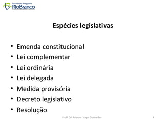 Espécies legislativas 
• Emenda constitucional 
• Lei complementar 
• Lei ordinária 
• Lei delegada 
• Medida provisória 
• Decreto legislativo 
• Resolução 
Profª Drª Arianna Stagni Guimarães 4 
 