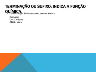 TERMINAÇÃO OU SUFIXO: INDICA A FUNÇÃO
QUÍMICA.Como a função é hidrocarboneto, usamos a letra o.
Exemplos:
CH4 – metano
C2H6 – etano
 
