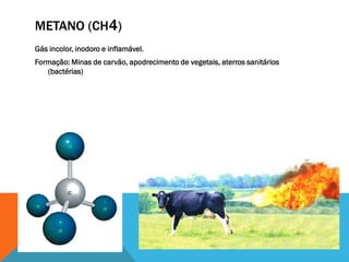 METANO (CH4)
Gás incolor, inodoro e inflamável.
Formação: Minas de carvão, apodrecimento de vegetais, aterros sanitários
(bactérias)
 