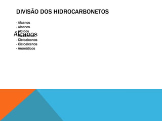 DIVISÃO DOS HIDROCARBONETOS
- Alcanos
- Alcenos
- Alcinos
- Alcadienos
- Cicloalcanos
- Cicloalcenos
- Aromáticos
Alcanos
 