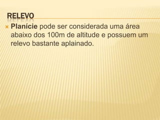 RELEVO
   Planície pode ser considerada uma área
    abaixo dos 100m de altitude e possuem um
    relevo bastante aplainado.
 