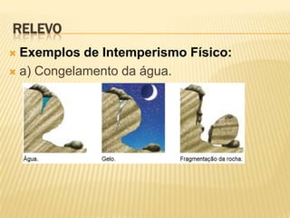 RELEVO
 Exemplos de Intemperismo Físico:
 a) Congelamento da água.
 