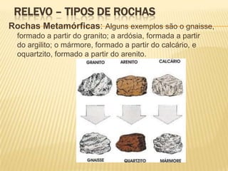 RELEVO – TIPOS DE ROCHAS
Rochas Metamórficas: Alguns exemplos são o gnaisse,
  formado a partir do granito; a ardósia, formada a partir
  do argilito; o mármore, formado a partir do calcário, e
  oquartzito, formado a partir do arenito.
 