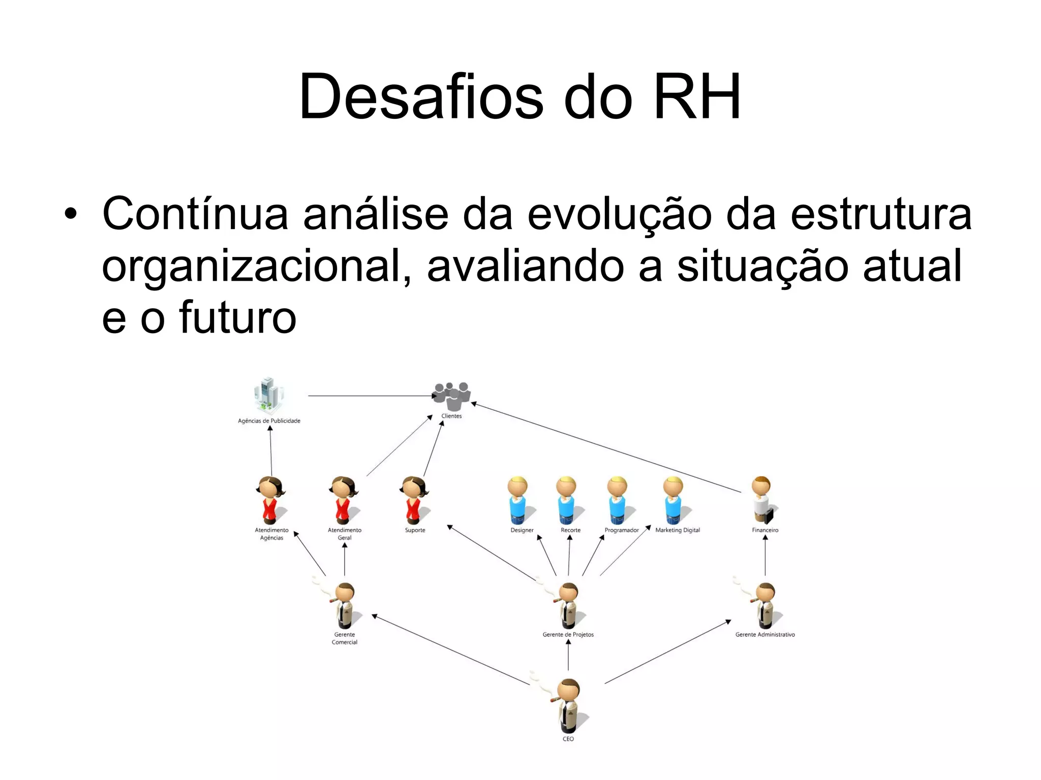 Desafios do RH Contínua análise da evolução da estrutura organizacional, avaliando a situação atual e o futuro 