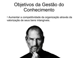 Objetivos da Gestão do Conhecimento Aumentar a competitividade da organização através da valorização de seus bens intangíveis. 