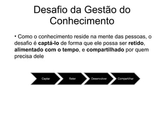 Desafio da Gestão do Conhecimento Como o conhecimento reside na mente das pessoas, o desafio é  captá-lo  de forma que ele possa ser  retido ,  alimentado com o tempo , e  compartilhado  por quem precisa dele 