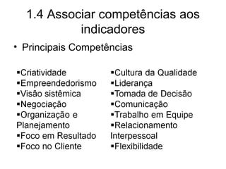1.4 Associar competências aos
indicadores
• Principais Competências
 
