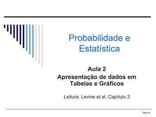 Probabilidade e
Estatística
Aula 2
Apresentação de dados em
Tabelas e Gráficos
Leitura: Levine et al. Capítulo 2
Cap 2-1
 