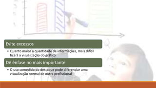 Evite excessos
• Quanto maior a quantidade de informações, mais difícil
ficará a visualização do gráfico
Dê ênfase no mais importante
• O uso comedido do destaque pode diferenciar uma
visualização normal de outra profissional
 
