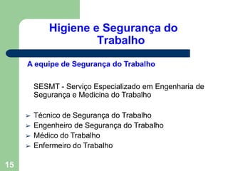 Higiene e Segurança do
Trabalho
15
A equipe de Segurança do Trabalho
SESMT - Serviço Especializado em Engenharia de
Segurança e Medicina do Trabalho
➢ Técnico de Segurança do Trabalho
➢ Engenheiro de Segurança do Trabalho
➢ Médico do Trabalho
➢ Enfermeiro do Trabalho
 