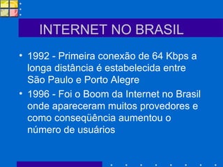INTERNET NO BRASIL 1992 - Primeira conexão de 64 Kbps a longa distância é estabelecida entre São Paulo e Porto Alegre 1996 - Foi o Boom da Internet no Brasil onde apareceram muitos provedores e como conseqüência aumentou o número de usuários 