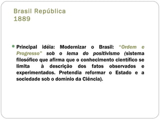 Brasil República
1889
Principal idéia: Modernizar o Brasil: “Ordem e
Progresso” sob o lema do positivismo (sistema
filosófico que afirma que o conhecimento científico se
limita à descrição dos fatos observados e
experimentados. Pretendia reformar o Estado e a
sociedade sob o domínio da Ciência).
 