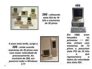 486
286 - utilizando
slots ISA de 16
bits e memórias
de 30 pinos

4 anos mais tarde, surge o

386 - ainda usando
memórias de 30 pinos mas
com maior velocidade de
processamento. Ao
contrário do 286, era
possível rodar o Windows
3.11

Em
1989,
eram
lançados
os
primeiros 486 DX:
eles vinham com
memórias de 72
pinos e possuíam
slots PCI de 32 bits
o
que
representava
o
dobro da velocidade
dos slots ISA.

 