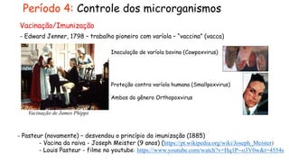 Período 4: Controle dos microrganismos
- Edward Jenner, 1798 – trabalho pioneiro com varíola – “vaccina” (vacca)
Vacinação de James Phipps
Inoculação de varíola bovina (Cowpoxvirus)
Proteção contra varíola humana (Smallpoxvirus)
Ambos do gênero Orthopoxvirus
- Pasteur (novamente) – desvendou o princípio da imunização (1885)
- Vacina da raiva - Joseph Meister (9 anos) (https://pt.wikipedia.org/wiki/Joseph_Meister)
- Louis Pasteur - filme no youtube: https://www.youtube.com/watch?v=Hq1P--o3V0w&t=4554s
Vacinação/Imunização
 