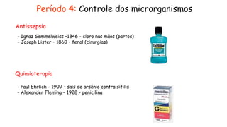 Período 4: Controle dos microrganismos
- Ignaz Semmelweiss –1846 - cloro nas mãos (partos)
- Joseph Lister – 1860 – fenol (cirurgias)
Antissepsia
Quimioterapia
- Paul Ehrlich - 1909 – sais de arsênio contra sífilis
- Alexander Fleming – 1928 - penicilina
 