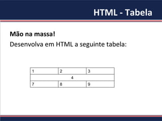 HTML	
  -­‐	
  Tabela	
  
Mão	
  na	
  massa!	
  	
  
Desenvolva	
  em	
  HTML	
  a	
  seguinte	
  tabela:	
  
1 2 3
4
7 8 9
 