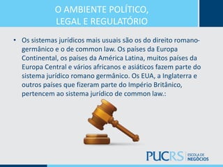 O AMBIENTE POLÍTICO,
LEGAL E REGULATÓRIO
• Os sistemas jurídicos mais usuais são os do direito romano-
germânico e o de common law. Os países da Europa
Continental, os países da América Latina, muitos países da
Europa Central e vários africanos e asiáticos fazem parte do
sistema jurídico romano germânico. Os EUA, a Inglaterra e
outros países que fizeram parte do Império Britânico,
pertencem ao sistema jurídico de common law.:
 