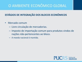 O AMBIENTE ECONÔMICO GLOBAL
ESTÁGIOS DE INTEGRAÇÃO DOS BLOCOS ECONÔMICOS
• Mercado comum
– Livre circulação de mercadorias.
– Imposto de importação comum para produtos vindos de
nações não-pertencentes ao bloco.
– A moeda nacional é mantida.
 