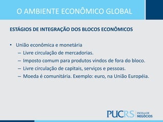 O AMBIENTE ECONÔMICO GLOBAL
ESTÁGIOS DE INTEGRAÇÃO DOS BLOCOS ECONÔMICOS
• União econômica e monetária
– Livre circulação de mercadorias.
– Imposto comum para produtos vindos de fora do bloco.
– Livre circulação de capitais, serviços e pessoas.
– Moeda é comunitária. Exemplo: euro, na União Européia.
 