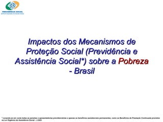 Impactos dos Mecanismos de Proteção Social (Previdência e Assistência Social*) sobre a  Pobreza  - Brasil * Levando-se em conta todas as pensões e aposentadorias previdenciárias e apenas os benefícios assistenciais permanentes, como os Benefícios de Prestação Continuada previstos na Lei Orgânica da Assistência Social – LOAS.  