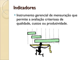 Indicadores Instrumento gerencial de mensuração que permite a avaliação criteriosa de qualidade, custos ou produtividade. 