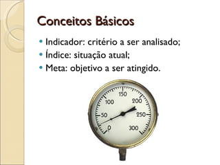 Conceitos Básicos Indicador: critério a ser analisado; Índice: situação atual; Meta: objetivo a ser atingido. 