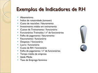 Exemplos de Indicadores de RH Absenteísmo Índice de rotatividade ( turnover ) Custo de rescisões / faturamento Investimento médio em treinamento Custos de Treinamento / funcionário Funcionários Treinados / nº de funcionários Folha de pagamento / faturamento Faturamento / funcionário Despesas / funcionário Lucro / funcionário Custo de RH / funcionário Folha de pagamento / nº de funcionários Tempo médio de empresa Idade Média Taxa de Emprego feminino 