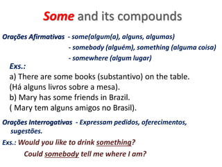 Some and its compounds
Orações Afirmativas - some(algum(a), alguns, algumas)
- somebody (alguém), something (alguma coisa)
- somewhere (algum lugar)
Orações Interrogativas - Expressam pedidos, oferecimentos,
sugestões.
Exs.: Would you like to drink something?
Could somebody tell me where I am?
Exs.:
a) There are some books (substantivo) on the table.
(Há alguns livros sobre a mesa).
b) Mary has some friends in Brazil.
( Mary tem alguns amigos no Brasil).
 