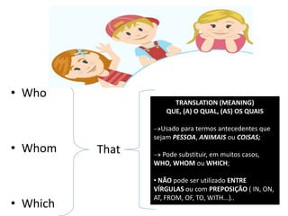 • Who
• Whom
• Which
TRANSLATION (MEANING)
QUE, (A) O QUAL, (AS) OS QUAIS
Usado para termos antecedentes que
sejam PESSOA, ANIMAIS ou COISAS;
 Pode substituir, em muitos casos,
WHO, WHOM ou WHICH;
• NÃO pode ser utilizado ENTRE
VÍRGULAS ou com PREPOSIÇÃO ( IN, ON,
AT, FROM, OF, TO, WITH...)..
That
 