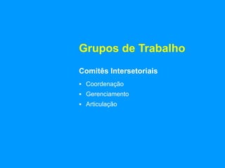 Grupos de Trabalho
Comitês Intersetoriais
 Coordenação
 Gerenciamento
 Articulação
 