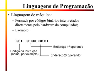 Linguagens de Programação
• Linguagem de máquina:
– Formada por códigos binários interpretados
diretamente pelo hardware do computador;
– Exemplo:
 
