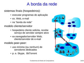 A borda da rede
sistemas finais (hospedeiros):
     ●   executar programas de aplicação
     ●   ex. Web, e-mail
     ●   na “borda da rede”
modelo cliente/servidor




                                                                  Peer to Peer
     ●   hospedeiro cliente solicita, recebe
          serviço de servidor sempre ativo
     ●   ex.navegador/servidor Web;                                              Cl
                                                                                    ie
                                                                                         nt
          cliente/servidor de e-mail                                                       e-
                                                                                                Se
modelo peer-peer:                                                                                  rv
                                                                                                      i   do
                                                                                                               r
     ●   uso mínimo (ou nenhum) de
          servidores dedicados
     ●   p. e. Skype, BitTorrent

                           Fundamentos de Redes de Computadores                                                    10/29
 