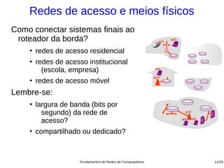 Redes de acesso e meios físicos
Como conectar sistemas finais ao
 roteador da borda?
    ●
        redes de acesso residencial
    ●
        redes de acesso institucional
          (escola, empresa)
    ●
        redes de acesso móvel
Lembre-se:
    ●
        largura de banda (bits por
          segundo) da rede de
          acesso?
    ●
        compartilhado ou dedicado?



                      Fundamentos de Redes de Computadores   11/29
 