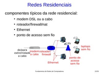 Redes Residenciais
componentes típicos da rede residencial:
    ●
        modem DSL ou a cabo
    ●
        roteador/firewall/nat
    ●
        Ethernet
    ●
        ponto de acesso sem fio


                                                                      laptops
       de/para                                                        sem fio
                modem roteador/
     extremidade
                 a cabo firewall
        a cabo
                                                           ponto de
                                                            acesso
                                   Ethernet                 sem fio

                    Fundamentos de Redes de Computadores                        22/29
 