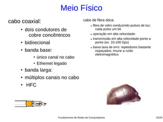 Meio Físico
cabo coaxial:                                 cabo de fibra ótica:
                                                    ●   fibra de vidro conduzindo pulsos de luz;
     ●
         dois condutores de                               cada pulso um bit
                                                        operação em alta velocidade:
          cobre concêntricos                        ●


                                                    ●   transmissão em alta velocidade ponto a
     ●
         bidirecional                                     ponto (ex. 10-100 Gps)
                                                    ●   baixa taxa de erro: repetidores bastante
     ●
         banda base:                                      espaçados; imune a ruído
                                                          eletromagnético
             ●
                 único canal no cabo
             ●
                 Ethernet legado
     ●
         banda larga:
     ●
         múltiplos canais no cabo
     ●
         HFC




                           Fundamentos de Redes de Computadores                                    25/29
 