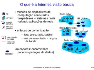O que é a Internet: visão básica
            ●   milhões de dispositivos de
PC                                                                Rede móvel
                computação conectados:
servidor        hospedeiros = sistemas finais                                      ISP global
laptop          rodando aplicações de rede
sem fio
 celular
 portátil                                                         Rede doméstica
            ●   enlaces de comunicação                                           ISP regional
                   ●   fibra, cobre, rádio, satélite
  pontos de
  acesso           ●   taxa de transmissão = largura
                         de banda                                      Rede institucional
  enlaces
  com fio


            roteadores: encaminham
            ●


roteador
             pacotes (pedaços de dados)




                                Fundamentos de Redes de Computadores                            3/29
 