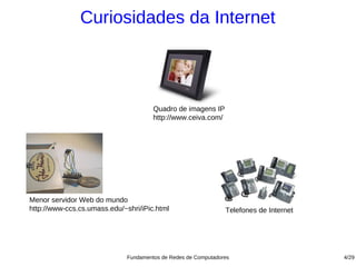 Curiosidades da Internet



                                       Quadro de imagens IP
                                       http://www.ceiva.com/




Menor servidor Web do mundo
http://www-ccs.cs.umass.edu/~shri/iPic.html                     Telefones de Internet




                              Fundamentos de Redes de Computadores                      4/29
 