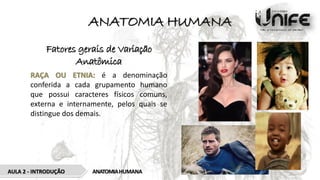 ANATOMIA HUMANA
Fatores gerais de Variação
Anatômica
RAÇA OU ETNIA: é a denominação
conferida a cada grupamento humano
que possui caracteres físicos comuns,
externa e internamente, pelos quais se
distingue dos demais.
AULA 2 - INTRODUÇÃO ANATOMIAHUMANA
 
